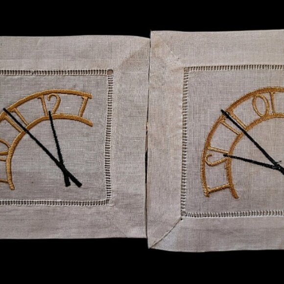 8 New Embroidered Linen Cocktail Napkin Clock Face Metallic Thread Excellent - Picture 2 of 5
